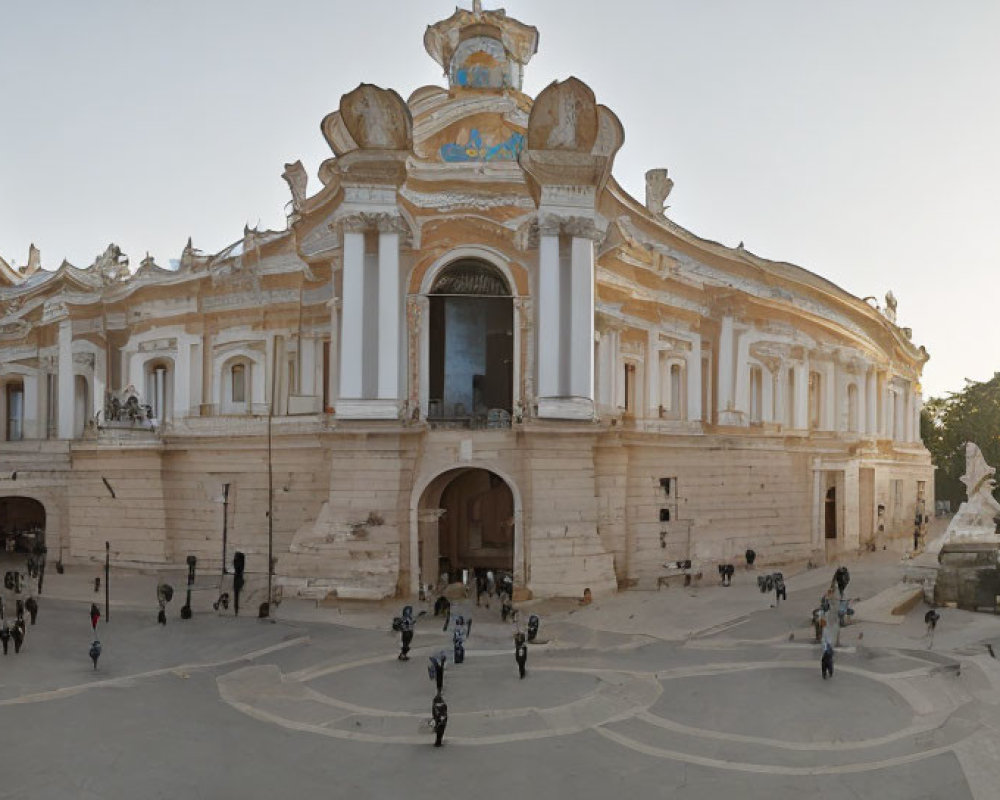 Elegant neoclassical building with visitors on steps at sunset