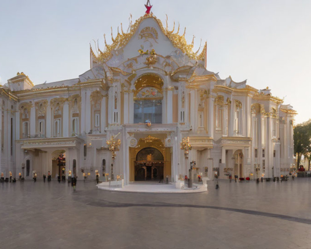 Ornate white and gold building with central entrance and spires against blue sky and greenery