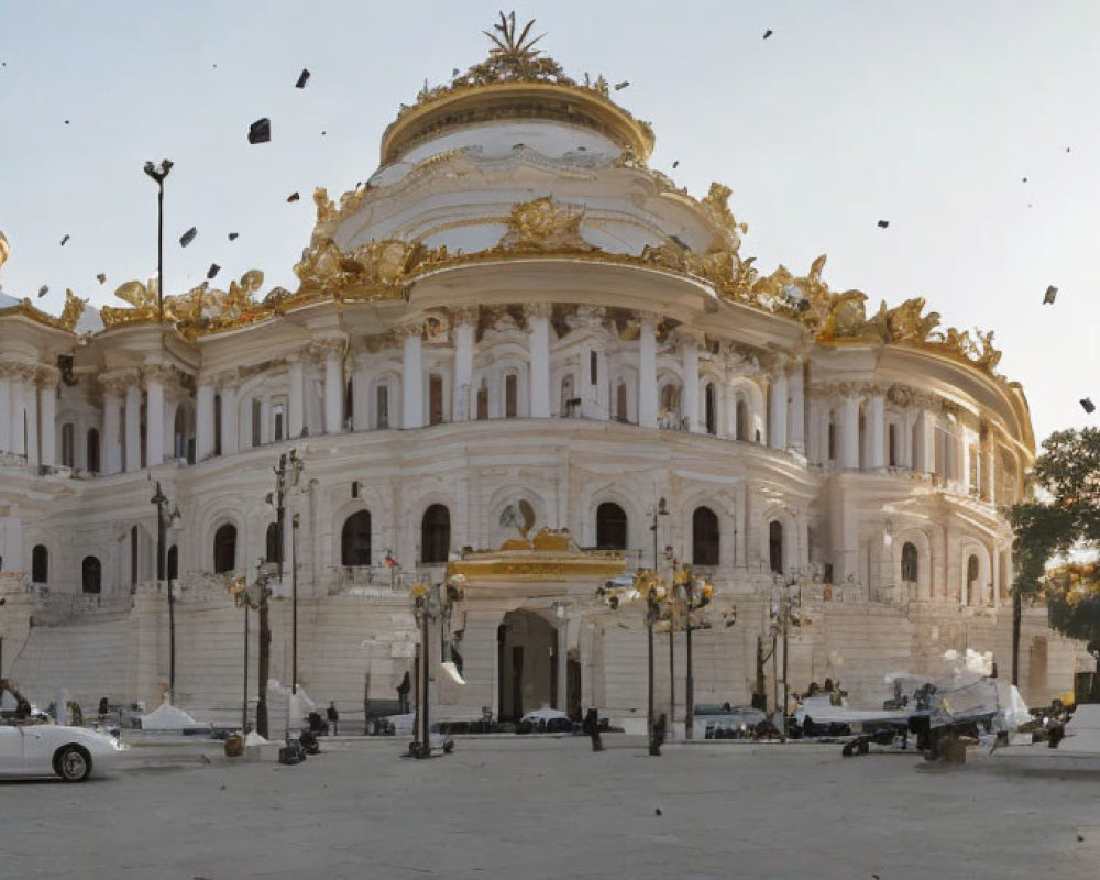 Opulent white and gold building with intricate details under clear sky, surrounded by suspended black objects