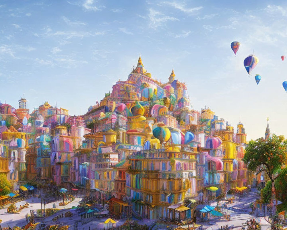 Vibrant cityscape with ornate buildings and hot air balloons