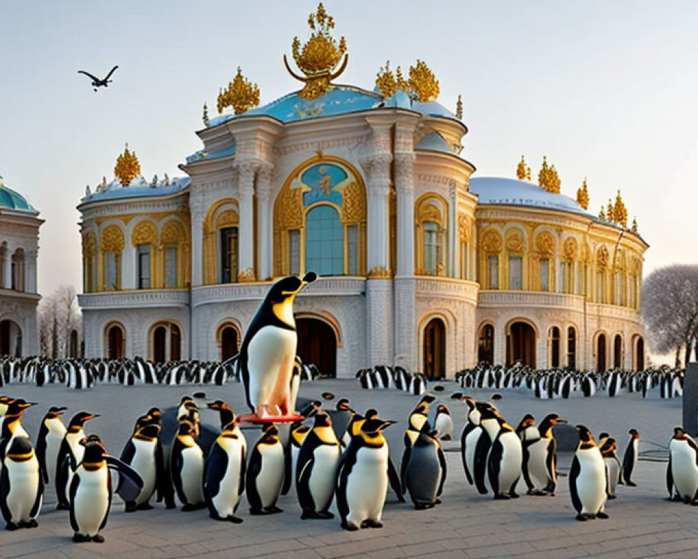 Penguins in front of ornate building with golden details under clear sky