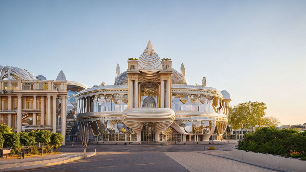 Futuristic building with central dome and glass facades in plaza