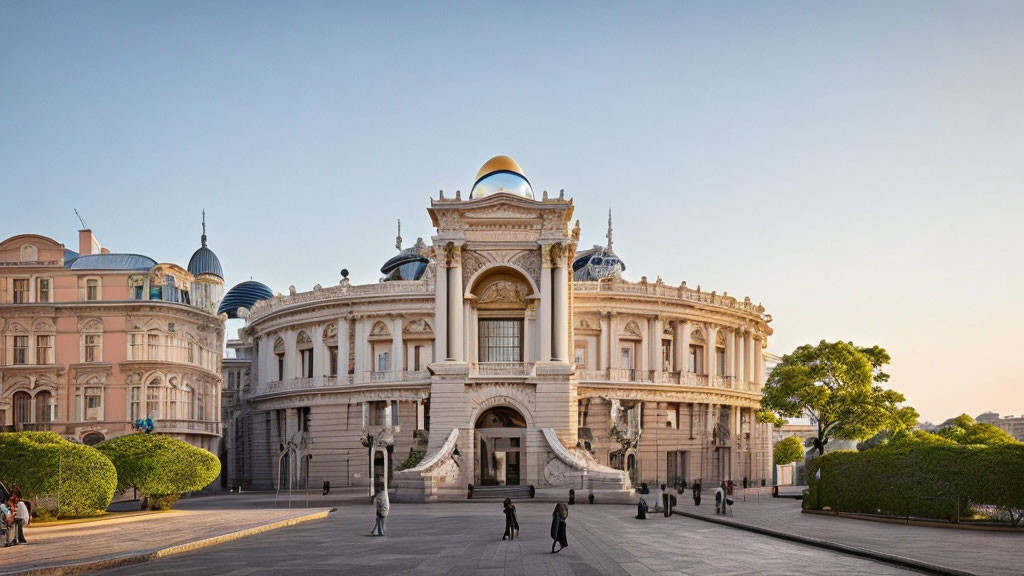 Neoclassical building with central archway and domes at sunset