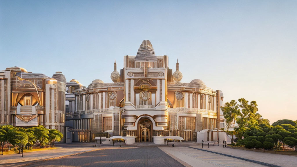 Ornate Art Deco Building with Golden Accents at Sunset