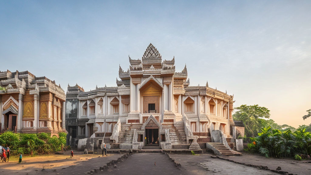 Grand traditional temple architecture in soft sunlight with lush greenery and visitors.