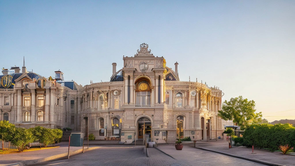 Elaborate classical building with sculptures and clock at sunset