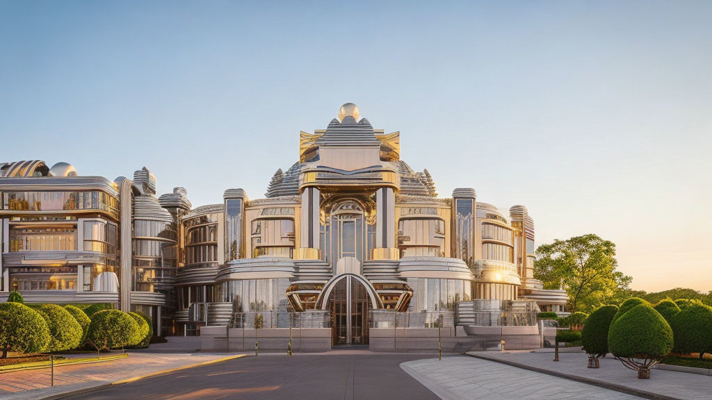 Opulent futuristic building with silver rounded structures and golden domes against blue sky.