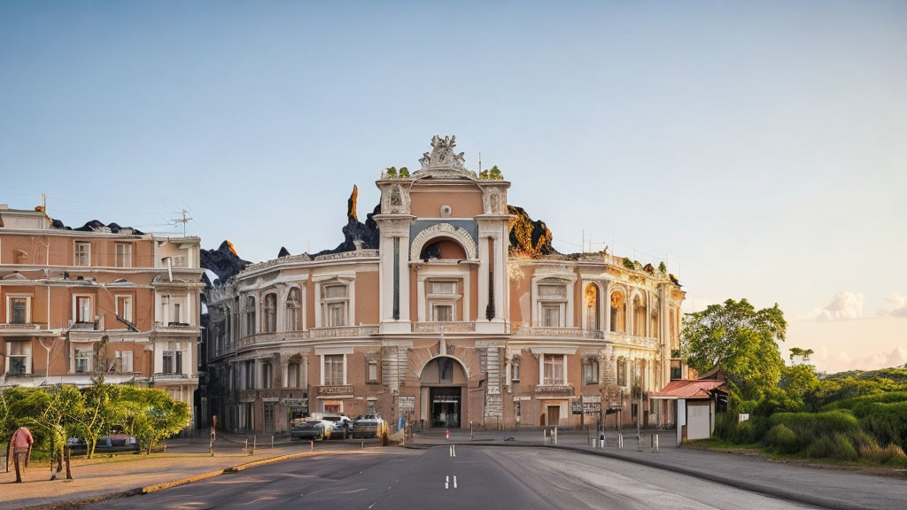 Neoclassical theater with ornate façade on tree-lined street at dusk