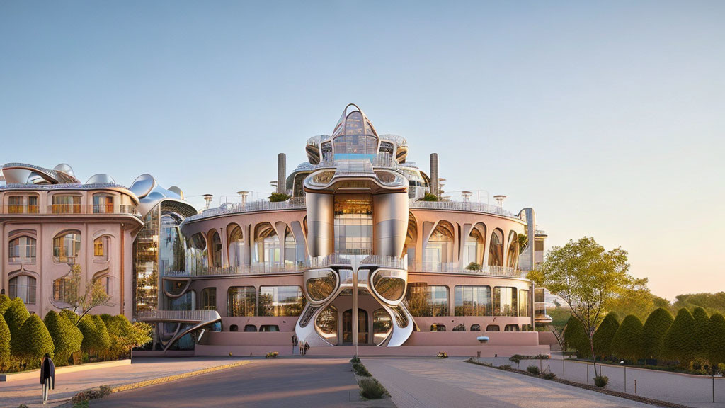 Organic Glass Building with Curves in Dusky Sky