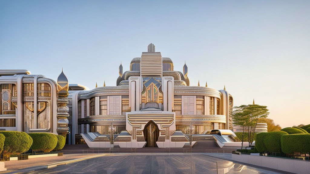 Opulent futuristic building with art deco features and grand staircases