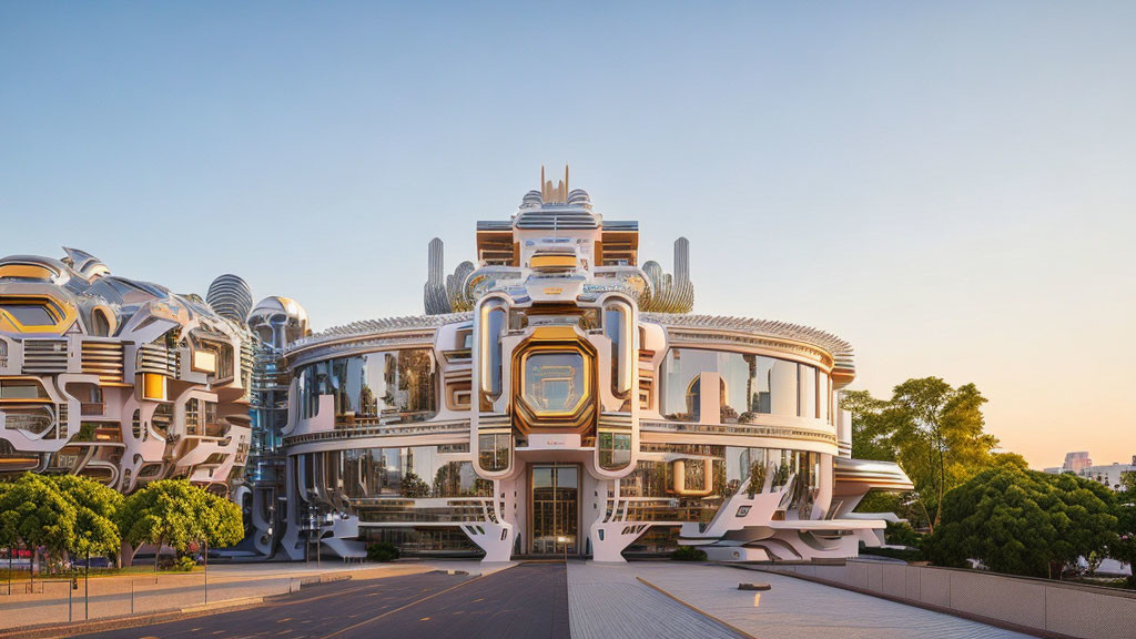 Futuristic metallic architecture with ornate details at sunset