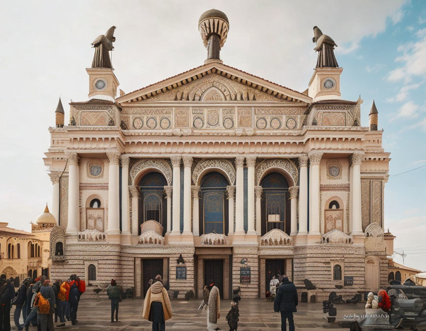 Neoclassical building with torch statue and ornate decorations