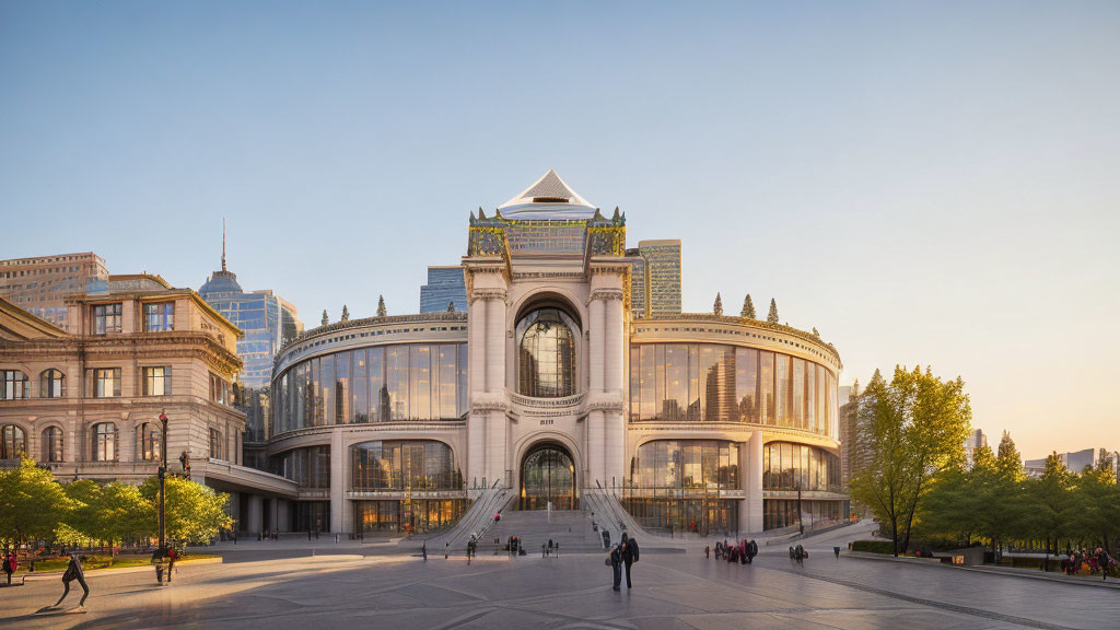 Modern building with classic architectural elements and prominent arch surrounded by trees at dusk