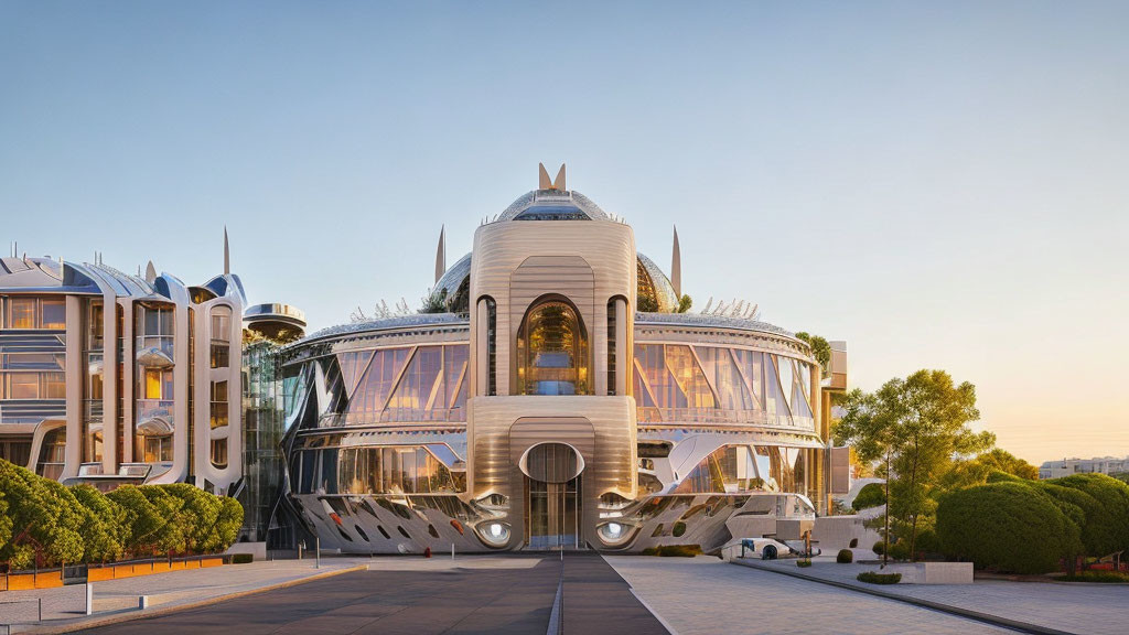 Symmetrical futuristic building with metallic finishes and central dome against clear dusk sky