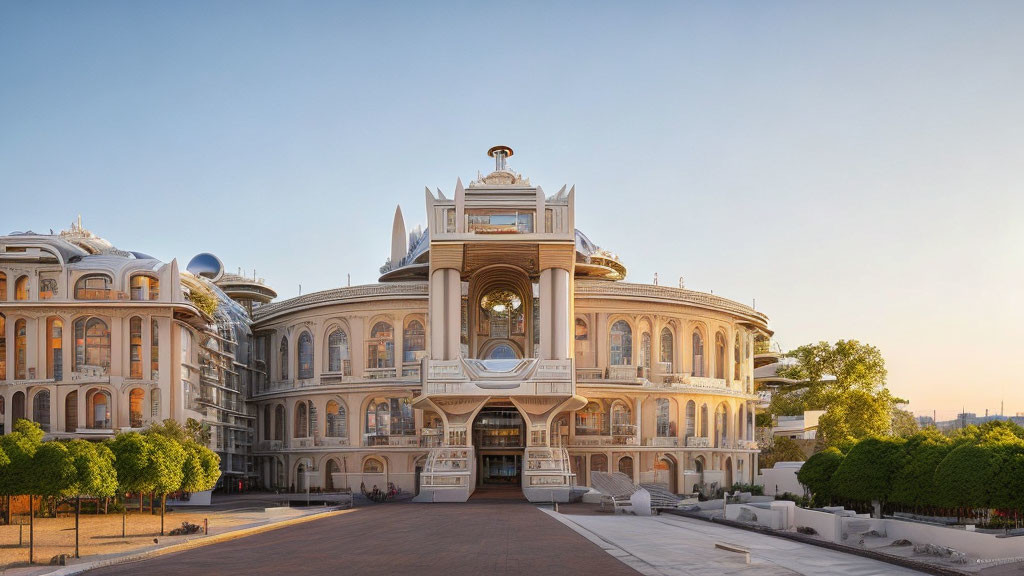 Classical building with grand entrance, arched windows, balcony, and dome at sunrise or sunset