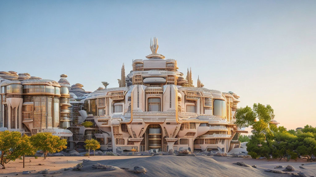 Ornate white futuristic building in desert with domes