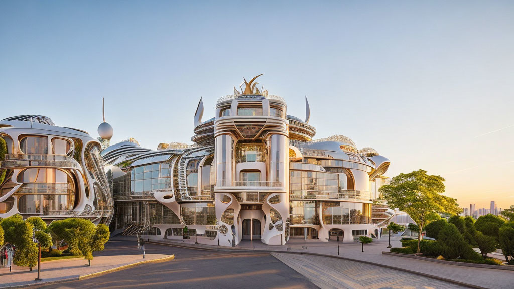 Futuristic organic architecture with curved glass against clear sky