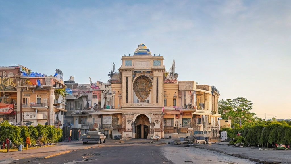 Wide street with ornate building and clock at dusk