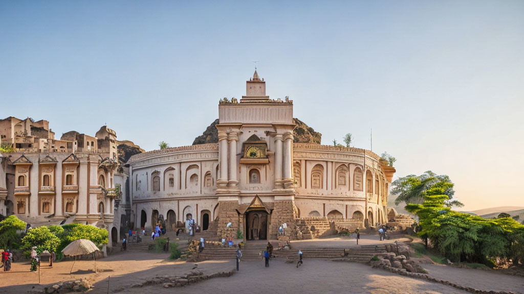 Historic Palace with Central Tower, Arched Doorways, and Balconies Amid Ruins,