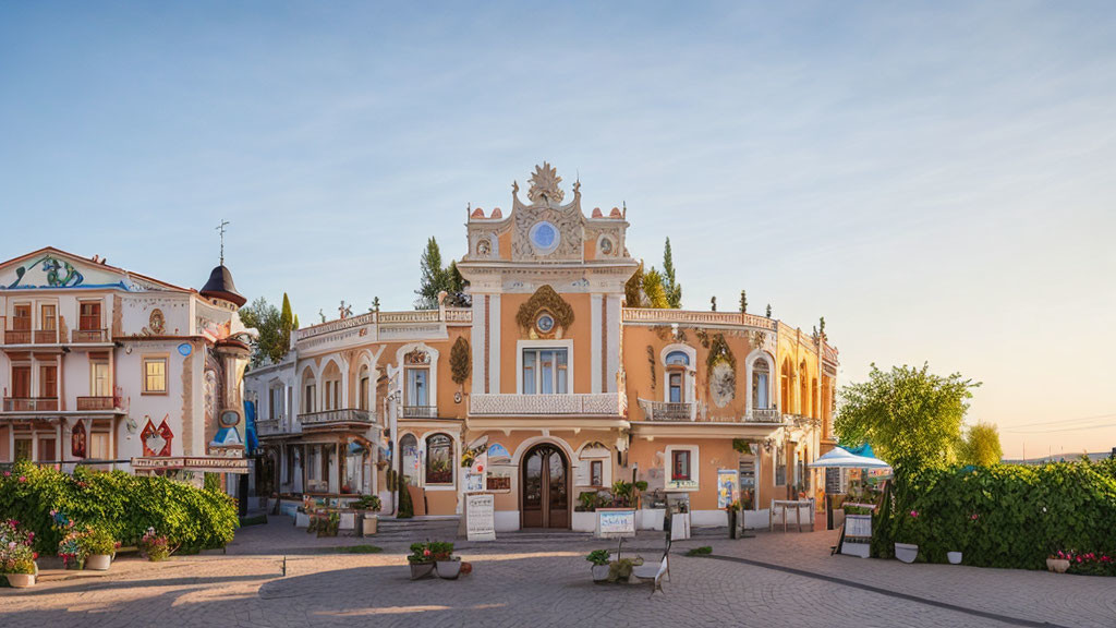 Historic building with intricate façade and colorful houses in a square at sunset