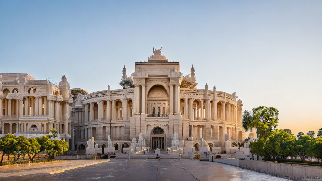 Neoclassical building with sculptures, palm trees, courtyard at sunset