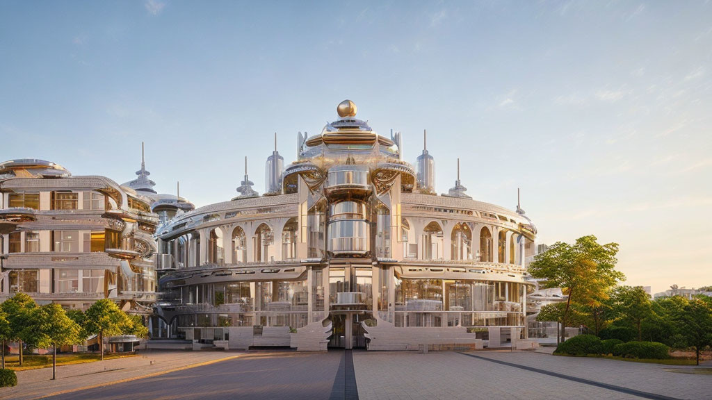 Futuristic building with metallic domes and intricate architecture in sunlight