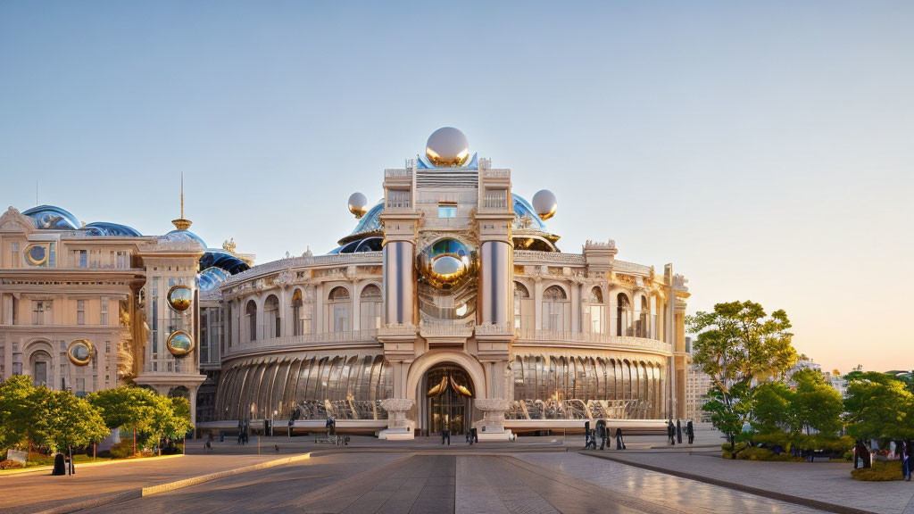 Ornate Building with Modern and Classical Architecture and Spherical Metallic Ornaments at Sunset