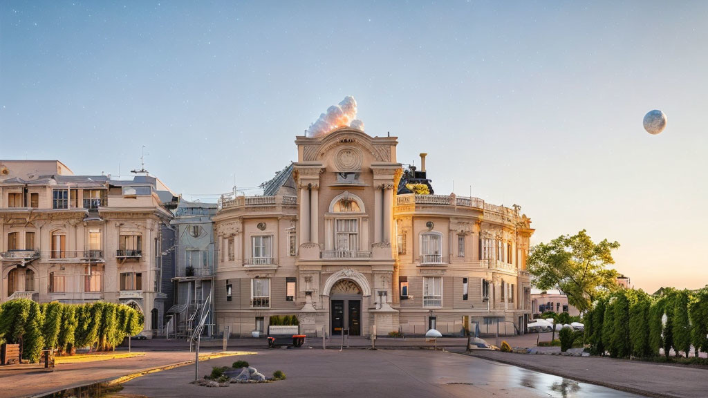 Classical Building with Cloud-Capped Roof and Large Moon at Sunset