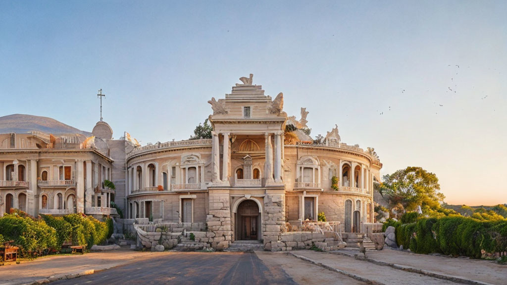 Neoclassical building with ornate facade and statues at dusk