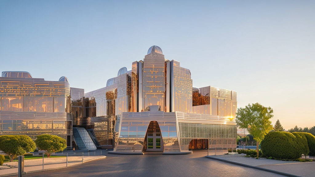 Contemporary building with glass facade and cylindrical structures at sunset