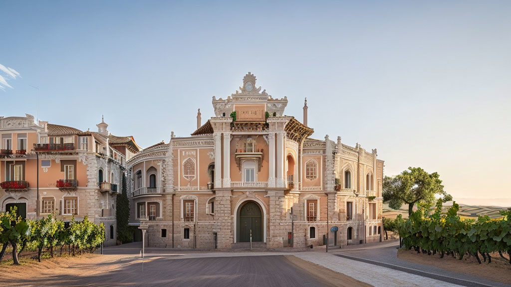 Historical building with intricate facades and greenery under clear sky