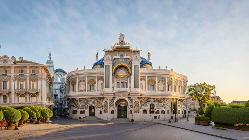 Ornate Building with Arched Entrances and Domed Roofs