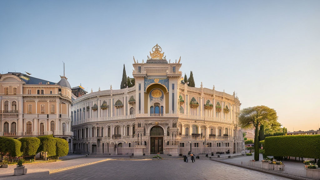 White Building with Golden Decorations and Arches Amid Manicured Bushes at Sunset