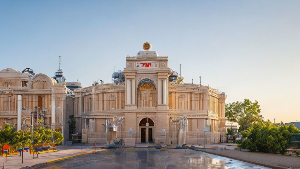 Ornate facade with arched entrances and golden emblem under clear dusk sky