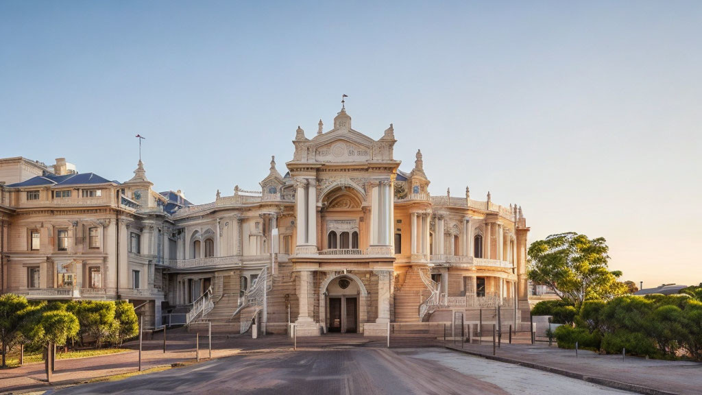 Historic building with intricate architecture and balconies at sunset