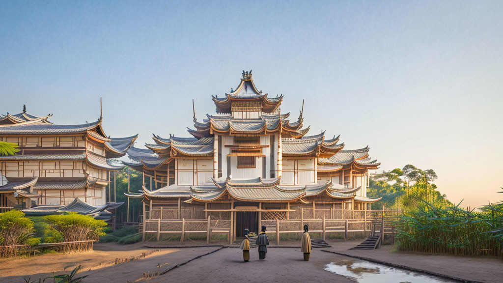 Traditional East Asian-style building with multi-tiered roofs and upturned eaves against clear sky.