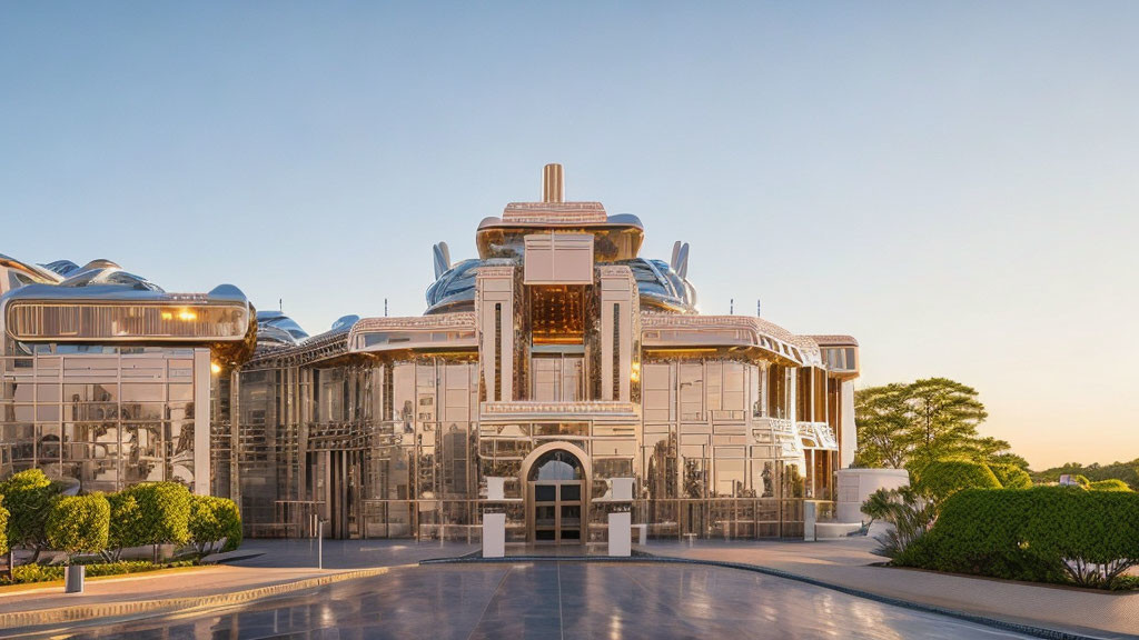 Architectural masterpiece: Art Deco building with glass facade under soft dusk sunlight