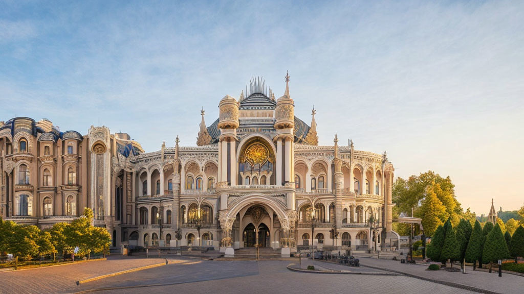 Luxurious building with ornate façades and domes in a cobblestone plaza