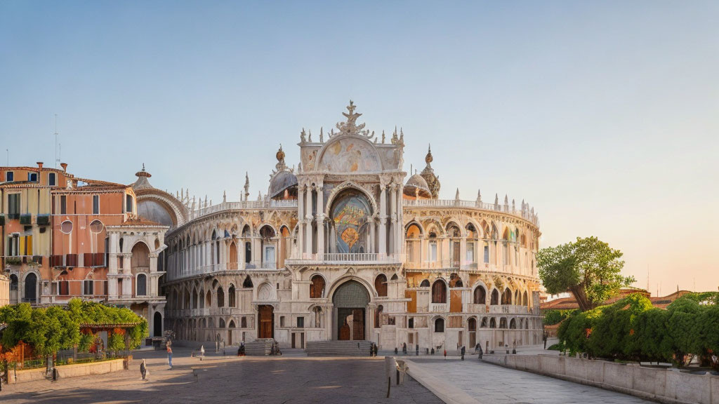 Gothic arches and marble decorations at Doge's Palace in Venice at sunset