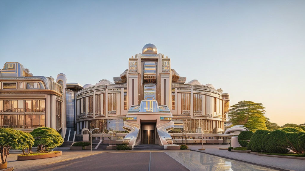 Modern building with Art Deco features and grand entrance under golden hour sky