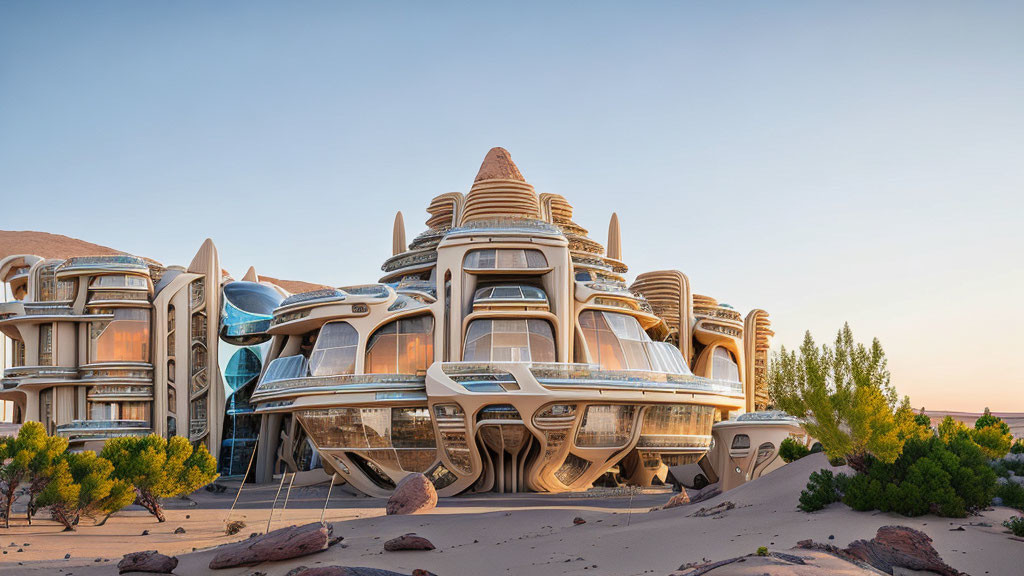 Organic futuristic buildings in desert landscape at dusk