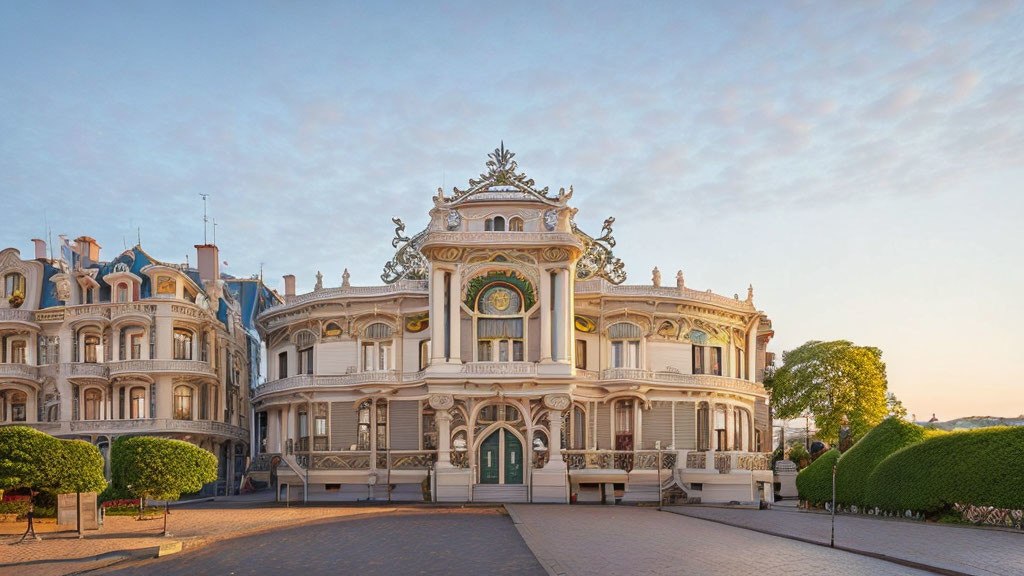 Baroque-style palace with intricate architecture and symmetrical landscaping at dusk