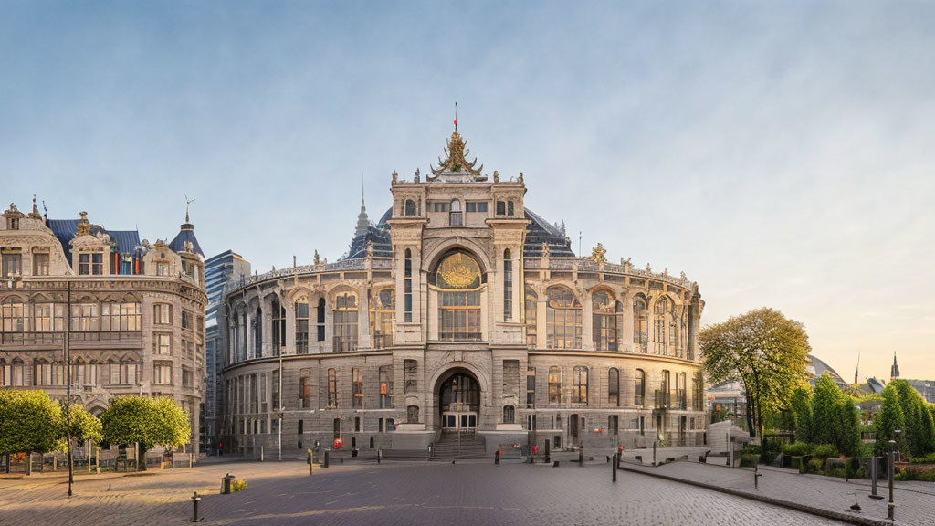 Grand ornate building with arched windows in cobblestone square at twilight