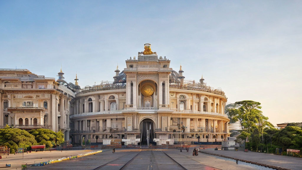 Opulent palace with grand arch and golden dome at dusk