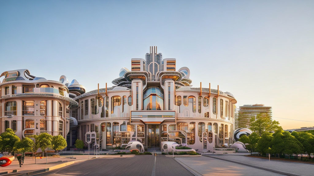 Futuristic Curvilinear White and Gold Architecture at Twilight