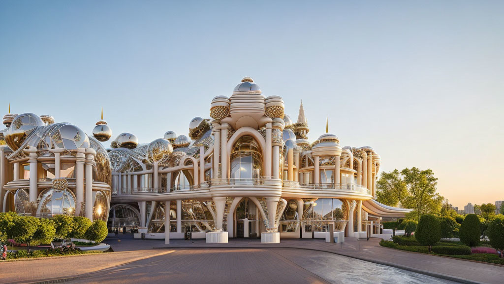 Futuristic building with round domes and silver metallic accents