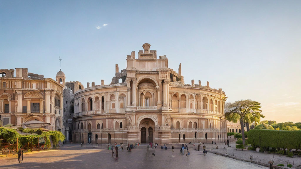 Historical building with intricate facade, people, greenery, and clear sky at golden hour