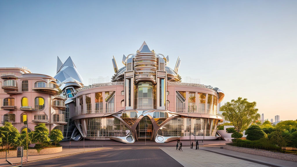 Futuristic building with metallic, glass elements and rose hues at twilight