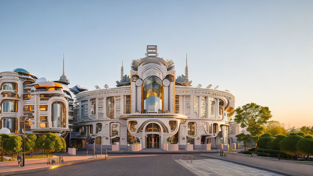 Futuristic and classical white building with ornate details