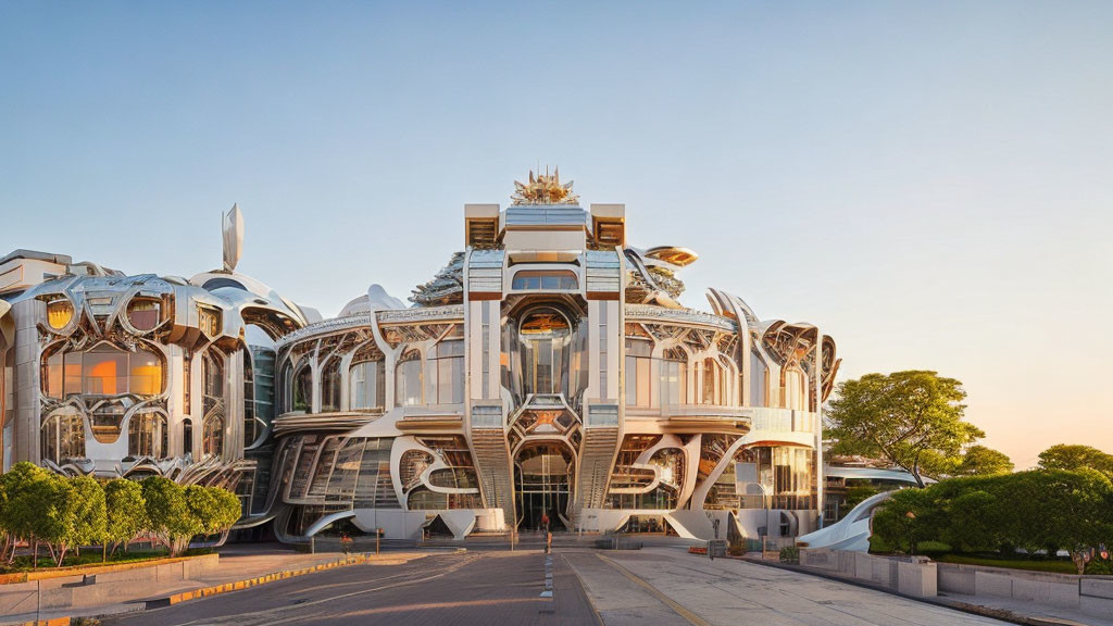 Intricate modern architectural building with reflective glass and metallic accents at dusk